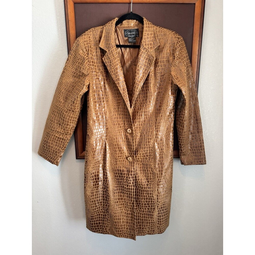 Vintage 90s-00s Selene Sport Brown Croc Print Long Button Front Jacket Size M